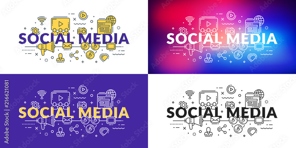 Social media. Flat line illustration concept for web banner and printed materials. Vector illustration in 4 different styles Social media. Flat line illustration concept for web banner and printed materials. Vector illustration in 4 different styles