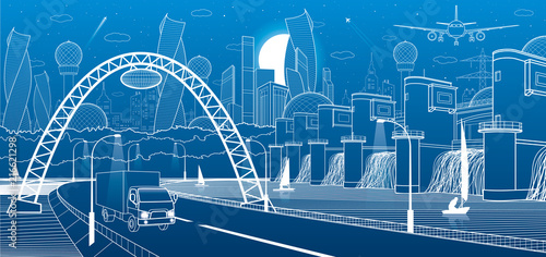 City infrastructure industrial and energy illustration. Hydro power plant. River Dam. Automobile road. Car move on Illuminated highway. Big bridge. White lines on blue background. Vector design art