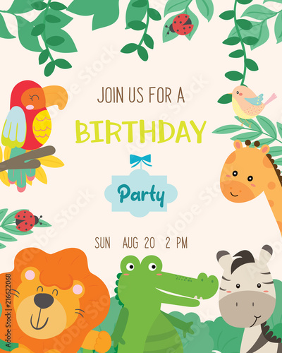 Cute animal theme birthday party invitation card vector illustration.