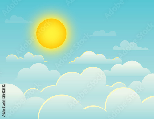 Vector colorful illustration of a bright full sun on a background of a blue sky. A midday sky with clouds and sunshine. Fluffy clouds on the blue sky