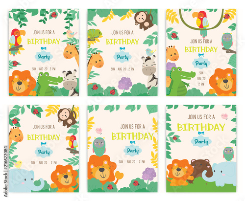 Cute animal theme birthday party invitation card vector illustration. © VectorBoyZ