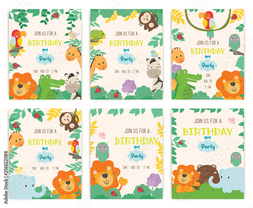 Cute animal theme birthday party invitation card vector illustration.