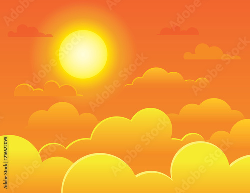 Sticker Vector colorful illustration of a bright full sun on a background of a orange sky
