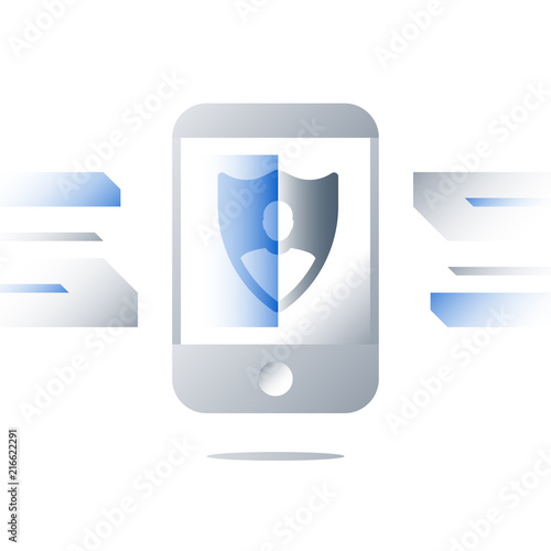 Shield symbol on smartphone screen, phone security technology, personal device access, screen scanning