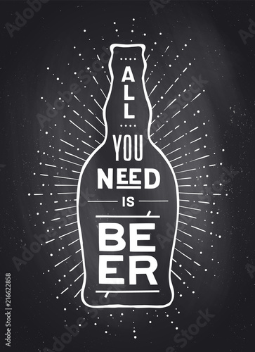 Beer. Poster or banner with beer bottle, text To Beer Or Not To Beer and vintage sun rays sunburst. Chalk white black design on chalkboard. Poster for bar, pub, restaurant. Vector Illustration