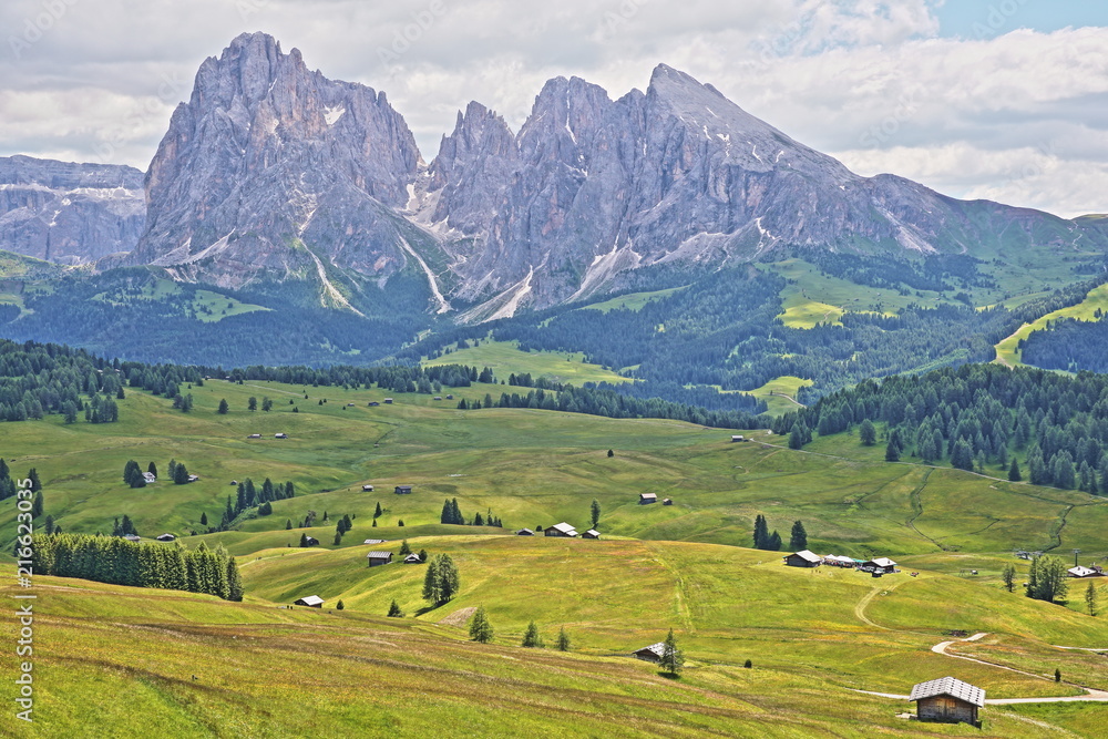 Alpe de Siusi above Ortisei with Sassolungo and Sassopiatto mountains in the background and mountain huts in the foreground, Val Gardena, Dolomites, Italy