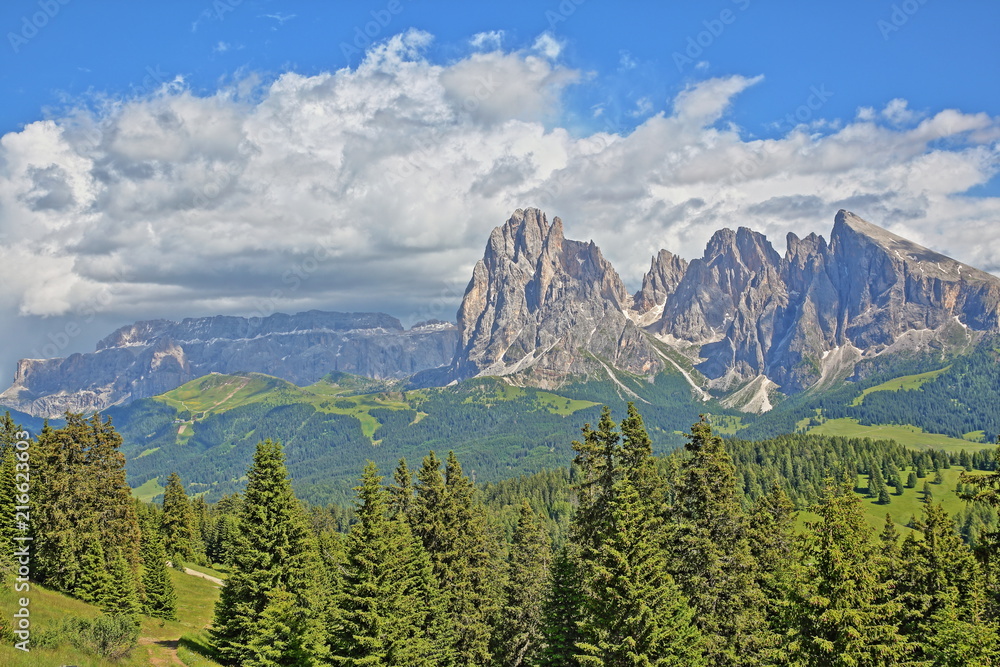 Sassolungo and Sassopiatto mountains viewed from Alpe de Siusi above Ortisei, with Sella group mountains in the background, Val Gardena, Dolomites, Italy