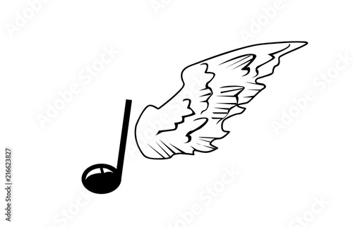 Musical note with wing. Vector illustration.