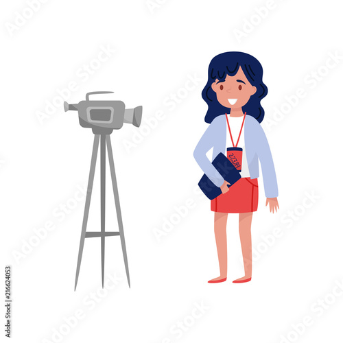 Woman reporter standing in front of camcorder. Professional journalist at work. Flat vector design