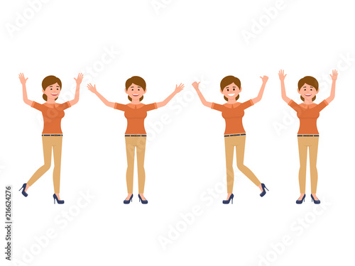 Happy female office manager cartoon character. Successful, celebration, jumping winner