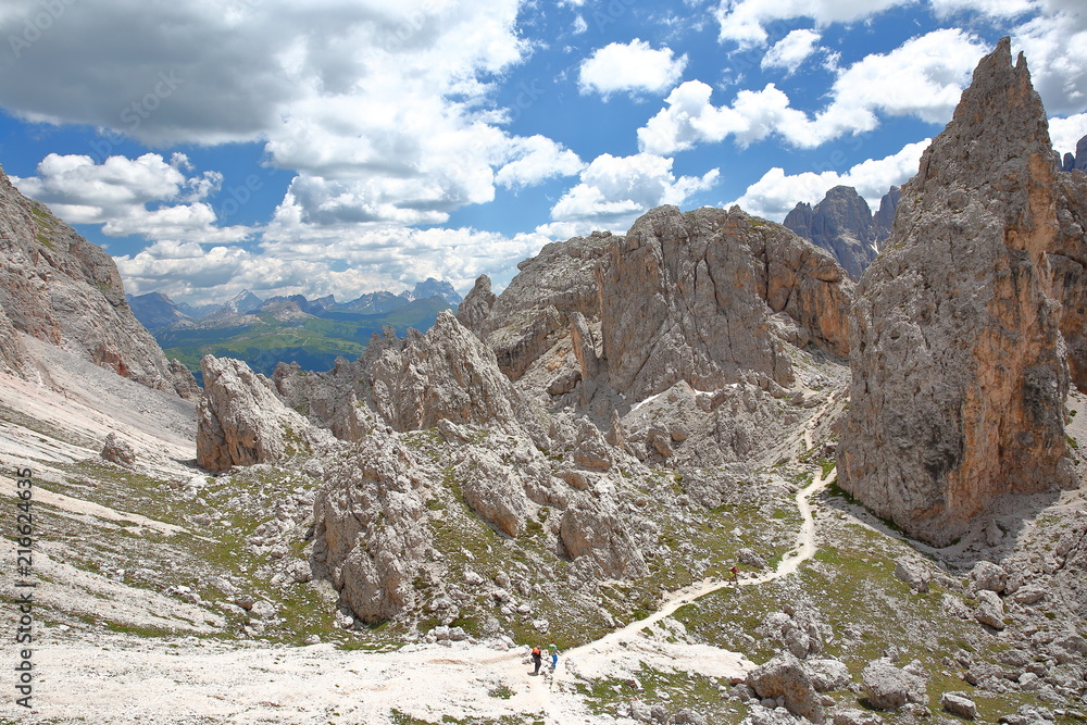 Limestone pillars and rock formations (lunar landscape) viewed from Cir mountains in Puez Odle Natural Park, Val Gardena, Dolomites, Italy