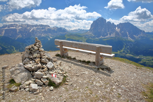 Sella Group mountains (on the left) and Sassoloungo and Sassopiatto mountains (on the right) viewed from Mount Pic (above Raiser Pass), Val Gardena, Dolomites, Italy photo