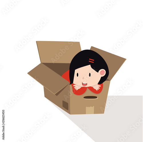 girl playing cardboard isolated on white background