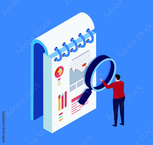 Businessman viewing data with magnifying glass
