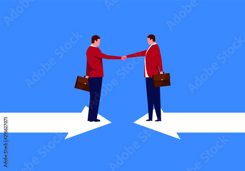 Businessman shaking hands on opposite arrows