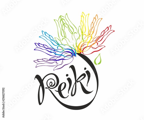 Reiki energy. Logotype. Healing energy. Flower of the rainbow from the palms of man. Alternative medicine. Spiritual practice. Vector