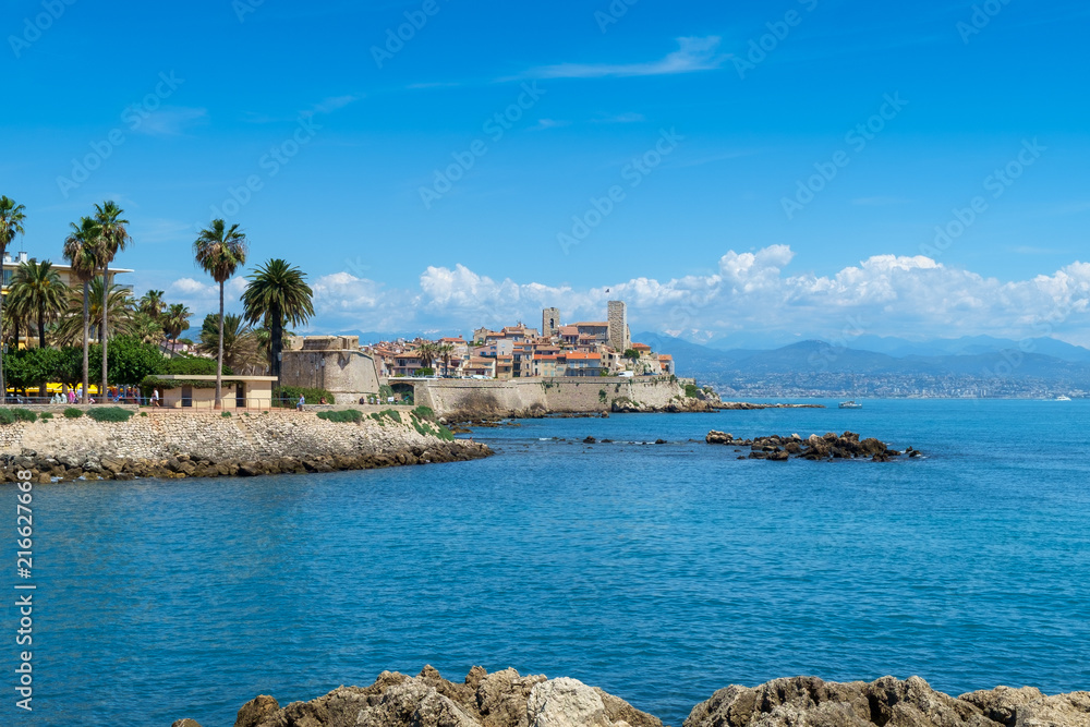 The old town of Antibes and defensive stone walls occupying a prominant position on the Mediterranean, French Riviera.
