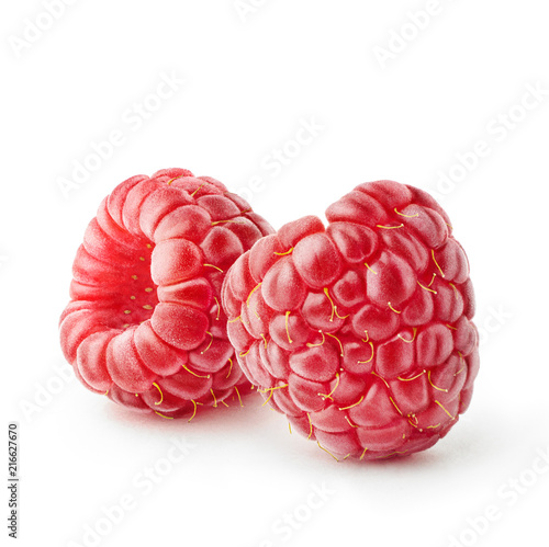 isolated berries. Two fresh raspberries isolated on white background