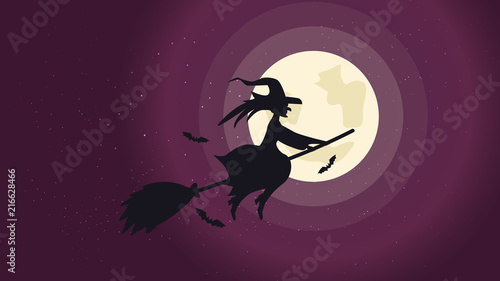Fotografie, Tablou Halloween night background picture with flying witch and bats
