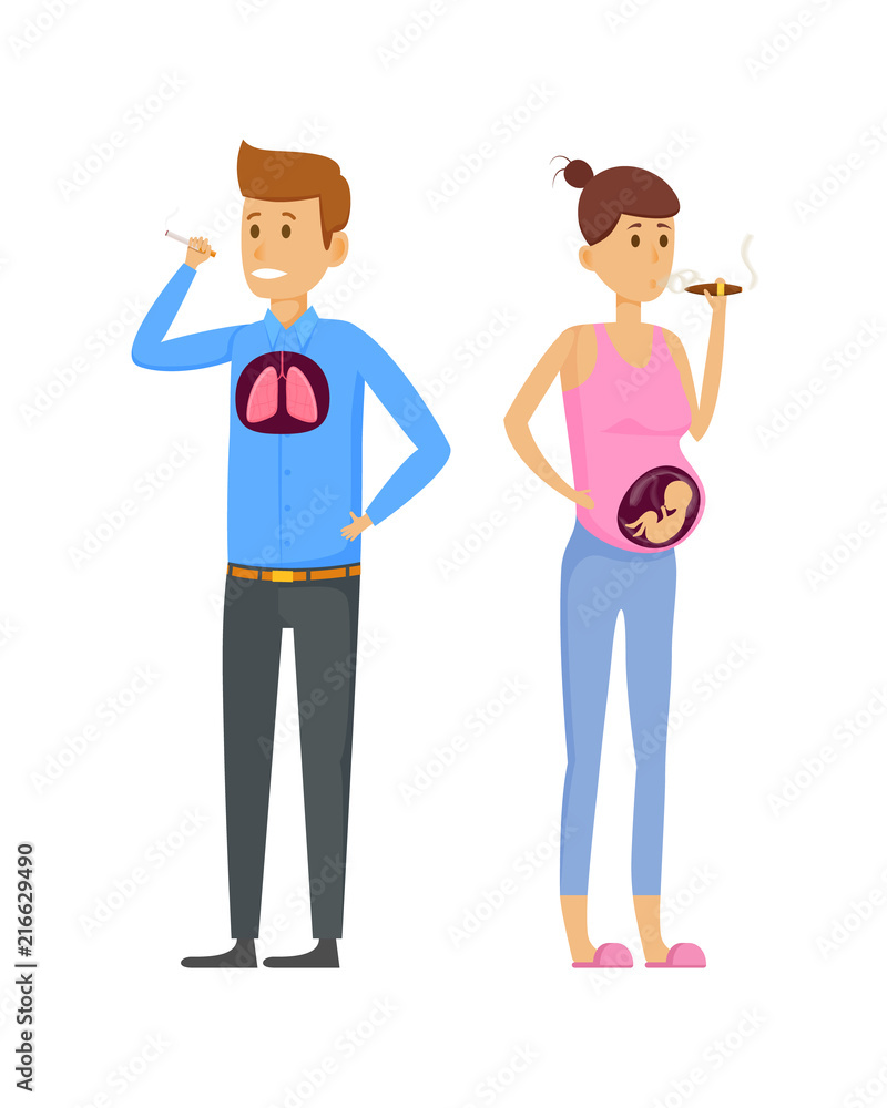 Man, woman smoking cigarettes, causing harm to lungs, poisoning child.