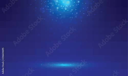 Blue stage background with light rays of spotlight and falling sparkling. Shimmering light dust shining. Studio room.
