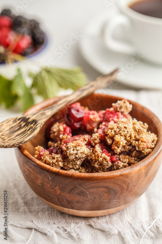 Breakfast with coffee and crumble pie  white background  healthy breakfast concept.
