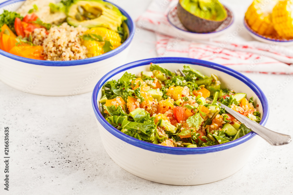 Vegan healthy rainbow salad with quinoa, tofu, avocado and kale. Vegan healthy rainbow salad with quinoa, tofu, avocado and kale.