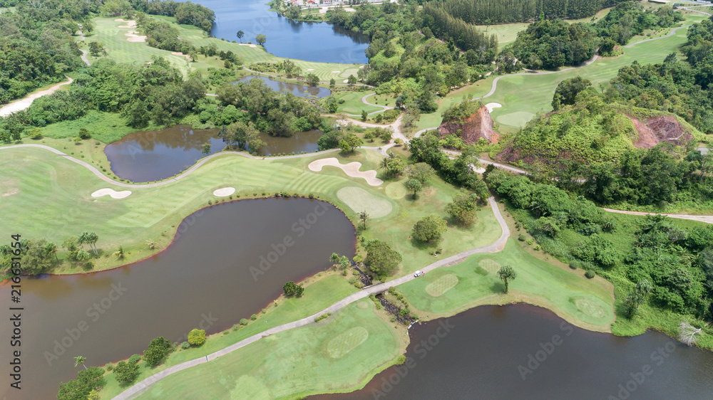 aerial view drone shot of golf course.