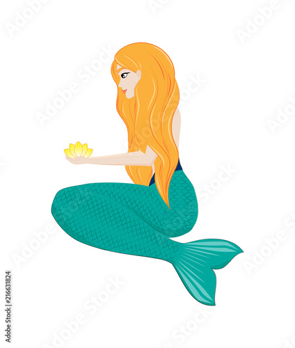The red-haired mermaid sits and holds a flower in his hands. Water nymph