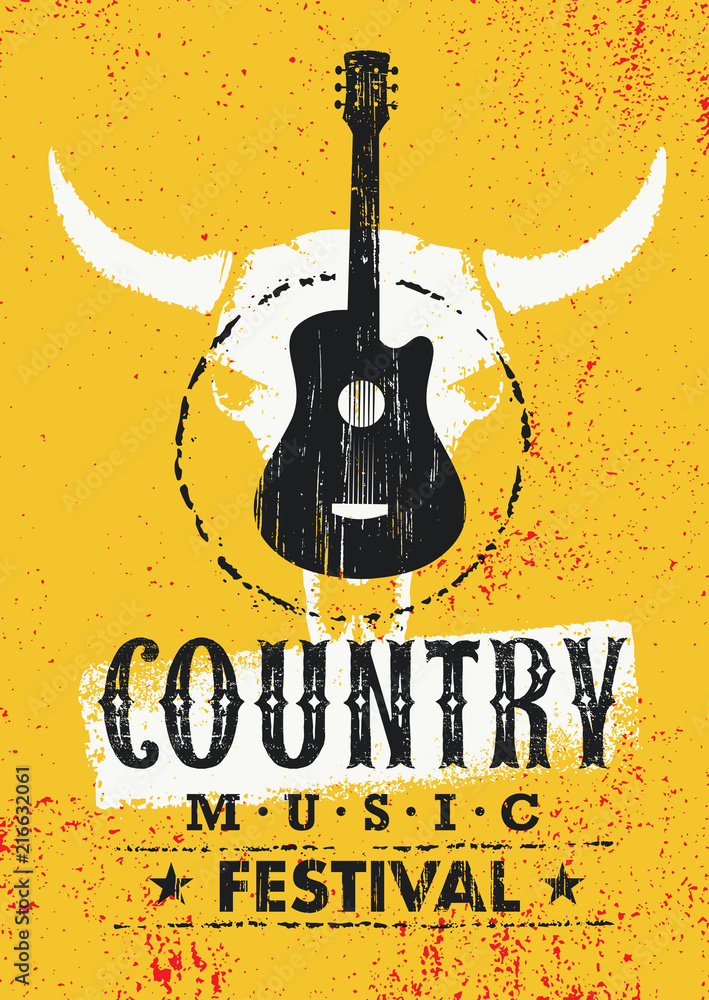 Fototapeta Festiwal muzyki country Kreatywnie wektorowy Textured Plakatowy pojęcie Z gitary i krowy czaszką Na Grunge ściany tle
