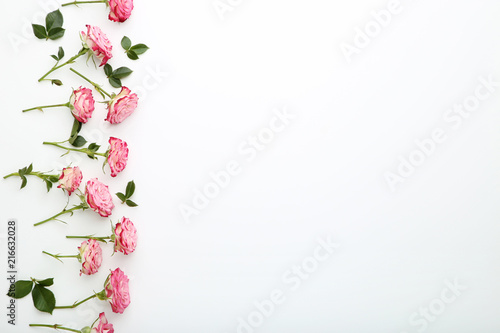 Pink rose flowers with green leafs on white background