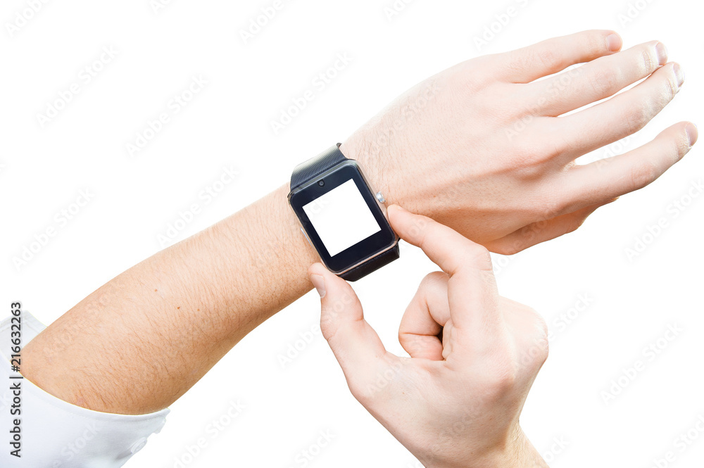 Hands of a man using smart wristwatch, isolated Hands of a man using smart wristwatch, isolated
