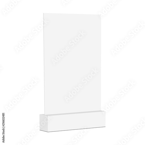 Blank display stand mockup - half side view. Tabletop panel can be used for showcasing restaurant menu or advertising signage. Vector illustration