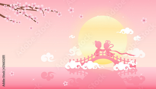 Tanabata or Qixi festival(Chinese Valentine's day) Vector illustration, Celebrates the annual meeting of the cowherd and weaver girl on seventh day of the 7th month.