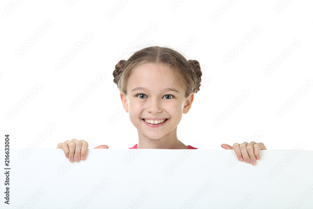 Cute young girl holding blank board on white background Cute young girl holding blank board on white background