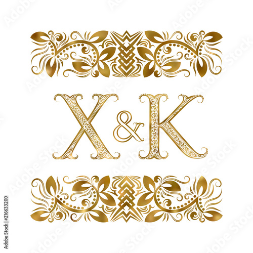 X and K initials vintage logo. The letters surrounded by ornamental elements. Wedding or business partners monogram in royal style.