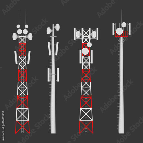 Transmission cellular towers vector set. Mobile communications tower with satellite communication antennas. Radio tower for wireless connections.