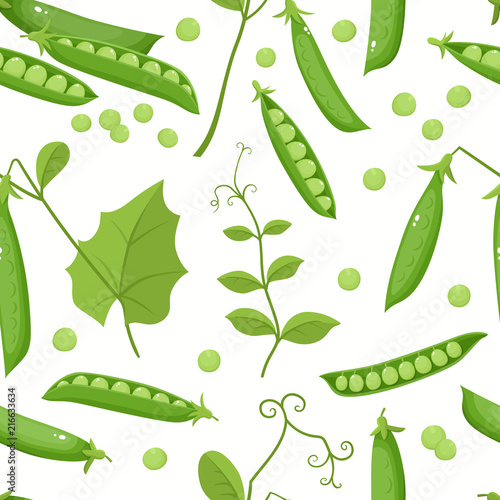 Vector seamless pattern with cartoon pea isolated on white.