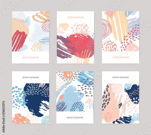 Collection of vertical abstract backdrops or card templates with colorful paint traces, blotches, smudges, stains on white background. Creative vector illustration in contemporary art style.