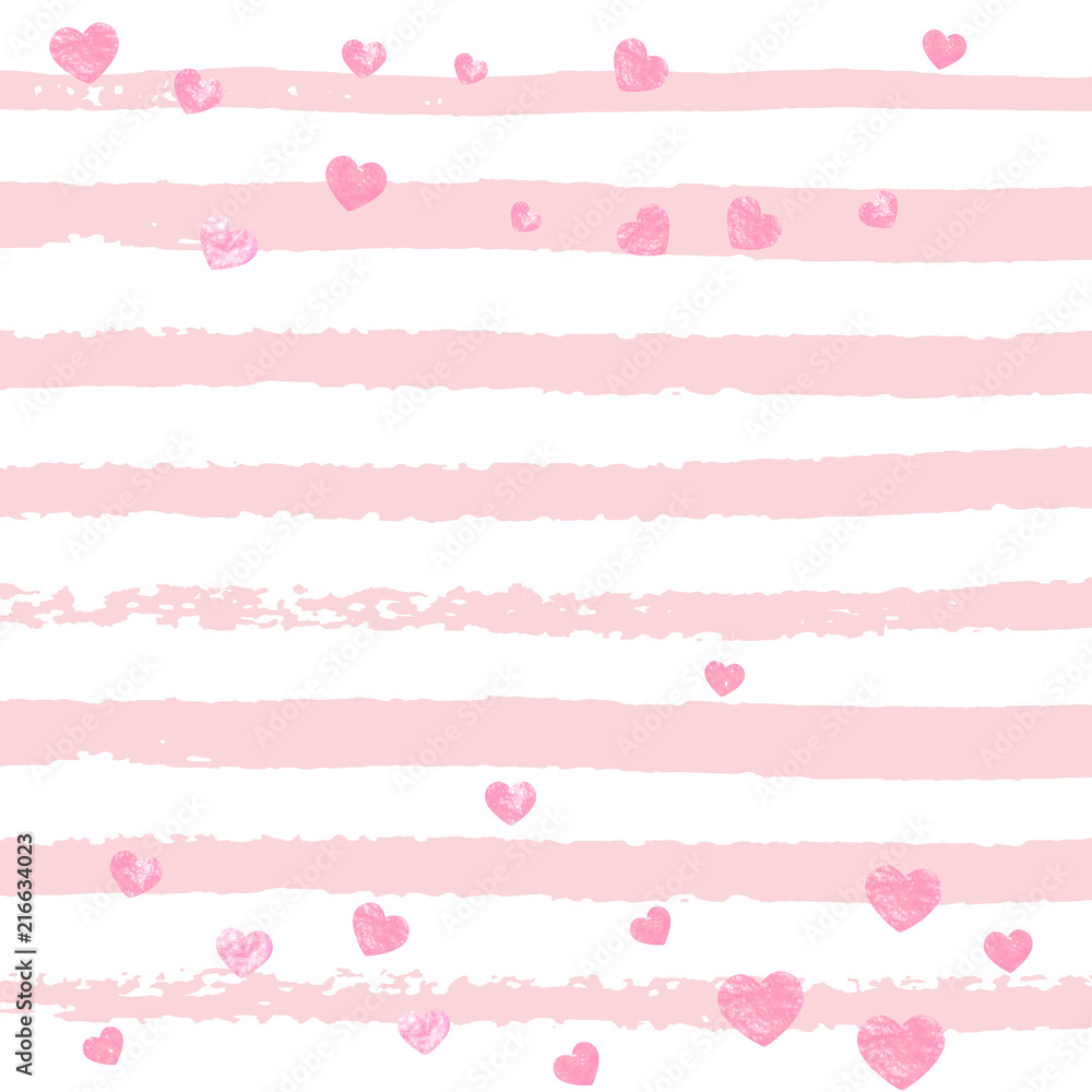 Pink glitter hearts confetti on white stripes. Falling sequins with metallic shimmer. Design with pink glitter hearts for party invitation, event banner, flyer, birthday card. Pink glitter hearts confetti on white stripes. Falling sequins with metallic shimmer. Design with pink glitter hearts for party invitation, event banner, flyer, birthday card.