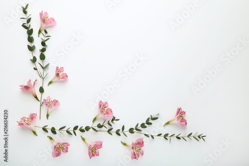 Alstroemeria flowers and stems with green leafs on white background © 5second