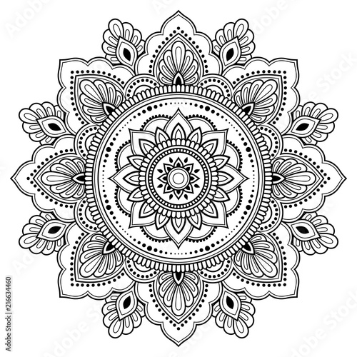 Fototapeta Circular pattern in form of mandala for Henna, Mehndi, tattoo, decoration. Decorative frame ornament in ethnic oriental style. Coloring book page.