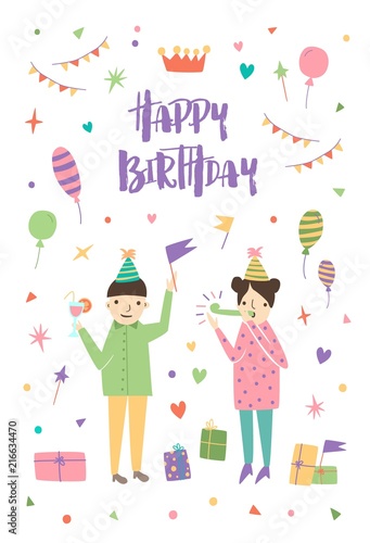 Birthday greeting card with boy and girl wearing cone hats and surrounded by confetti, balloons, festive gifts, flag garlands