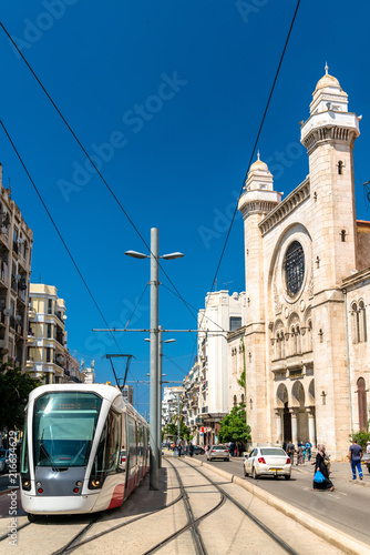 Tram at the Abdellah Ben Salem Mosque in Oran, Algeria