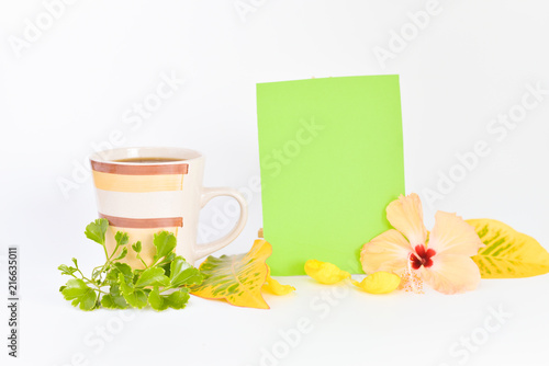 cofee cup and coloured board for copy space isolated on white background.