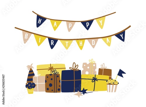 Greeting card template with Happy Birthday wish written on flag garland and s...