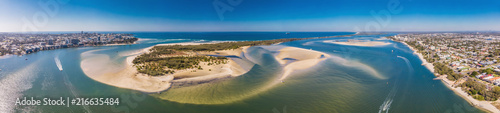Drone view of Pumicestone Passage, Bribie Island and Caloundra, Sunshine Coast, Queensland, Australia