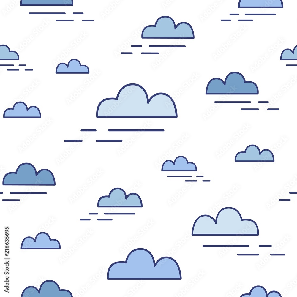Modern seamless pattern with clouds of different size in sky. Decorative backdrop with cloudscape. Creative vector illustration in line art style for wallpaper, textile print, wrapping paper. Modern seamless pattern with clouds of different size in sky. Decorative backdrop with cloudscape. Creative vector illustration in line art style for wallpaper, textile print, wrapping paper.