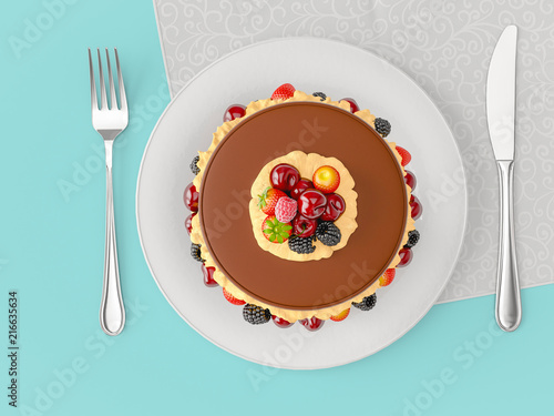 Delicious cakes on the plate on colour background. Top view. 3D render