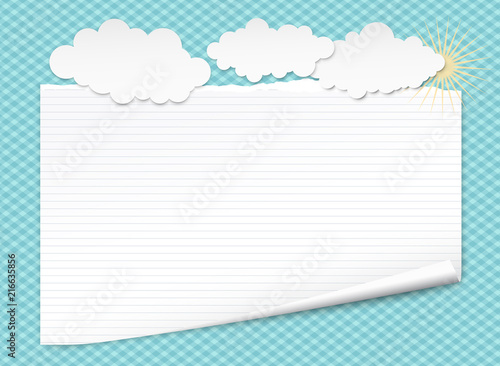 Konstfotografi White lined notebook paper with curled corner for text or advertising message on